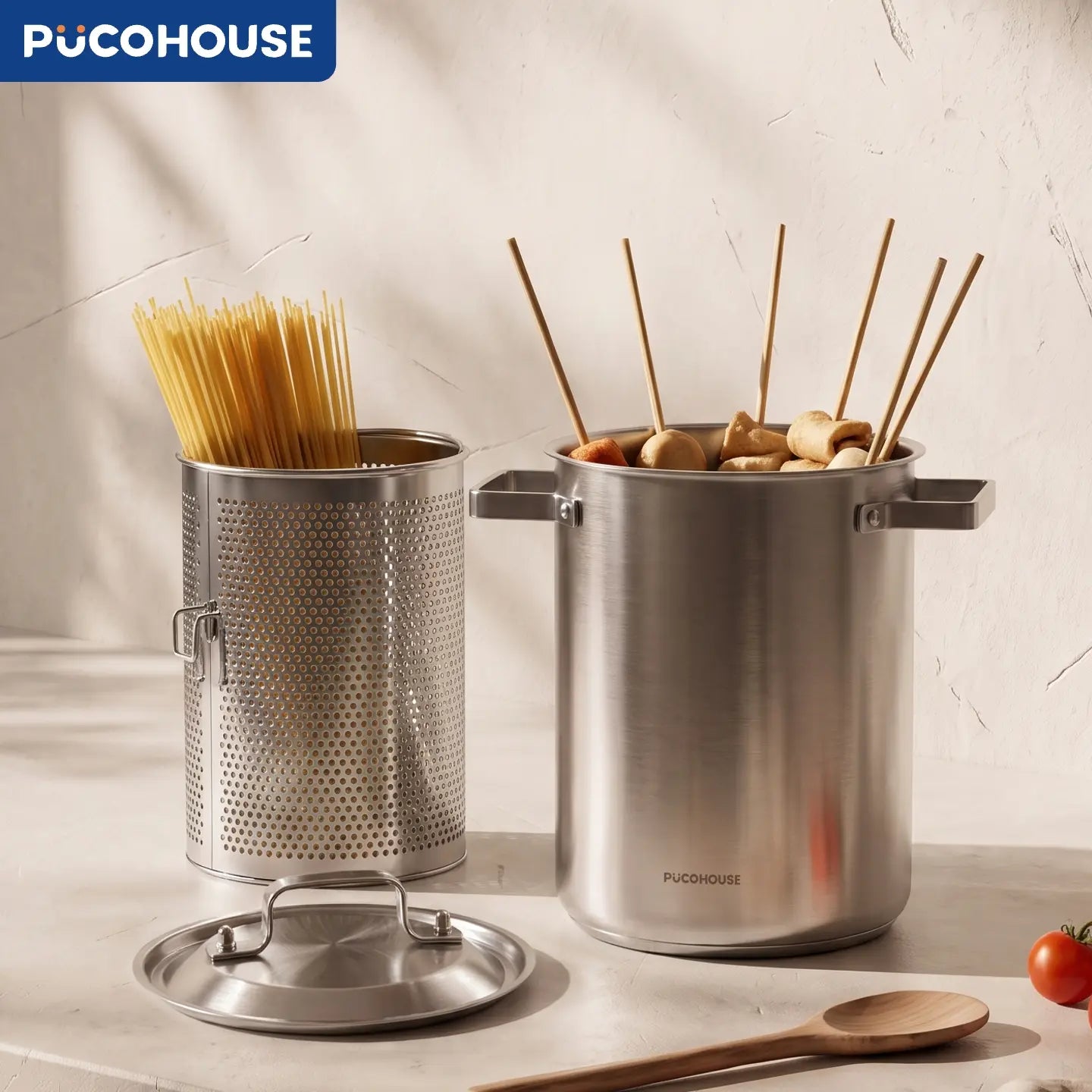 PUCOHOUSE 304 Stainless Steel Deep Stock Pot with Mesh Strainer Basket, Korean Japanese Style Multi-Purpose Asparagus Pot for Spaghetti, Deep Frying Skewers, Blanching Seafood Veggies, All Stovetops Compatible Induction Gas Electric Cookware