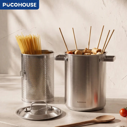 PUCOHOUSE 304 Stainless Steel Deep Stock Pot with Mesh Strainer Basket, Korean Japanese Style Multi-Purpose Asparagus Pot for Spaghetti, Deep Frying Skewers, Blanching Seafood Veggies, All Stovetops Compatible Induction Gas Electric Cookware