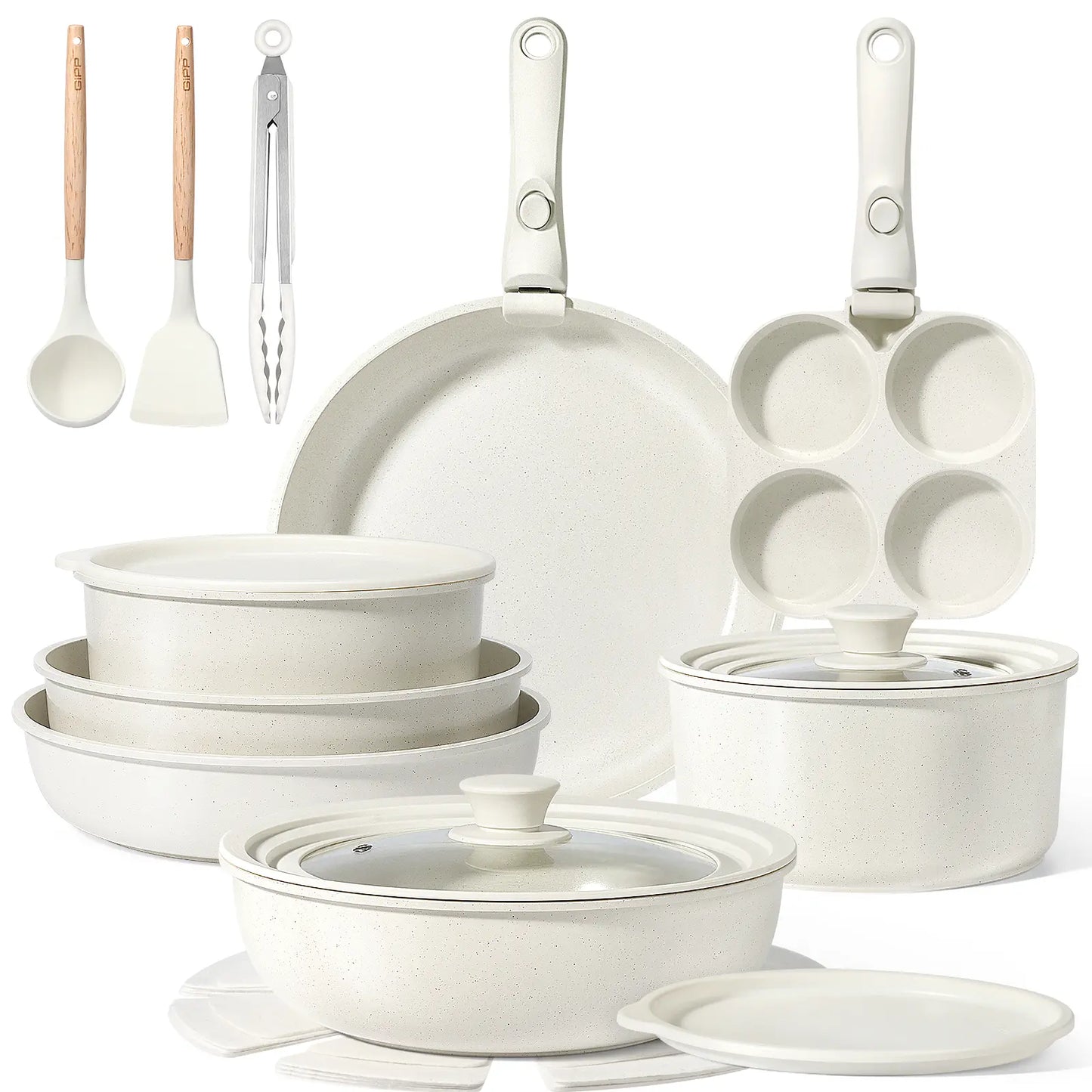 Gipp Non-Stick Cookware Set (5/11/21-Piece) with Detachable Handle, Frying Pan, Saucepan, Lid, Silicone Details, Induction Compatible, Oven Safe for RV Kitchen Use
