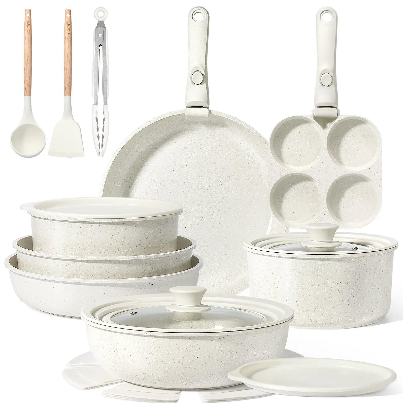 Gipp Non-Stick Cookware Set (5/11/21-Piece) with Detachable Handle, Frying Pan, Saucepan, Lid, Silicone Details, Induction Compatible, Oven Safe for RV Kitchen Use