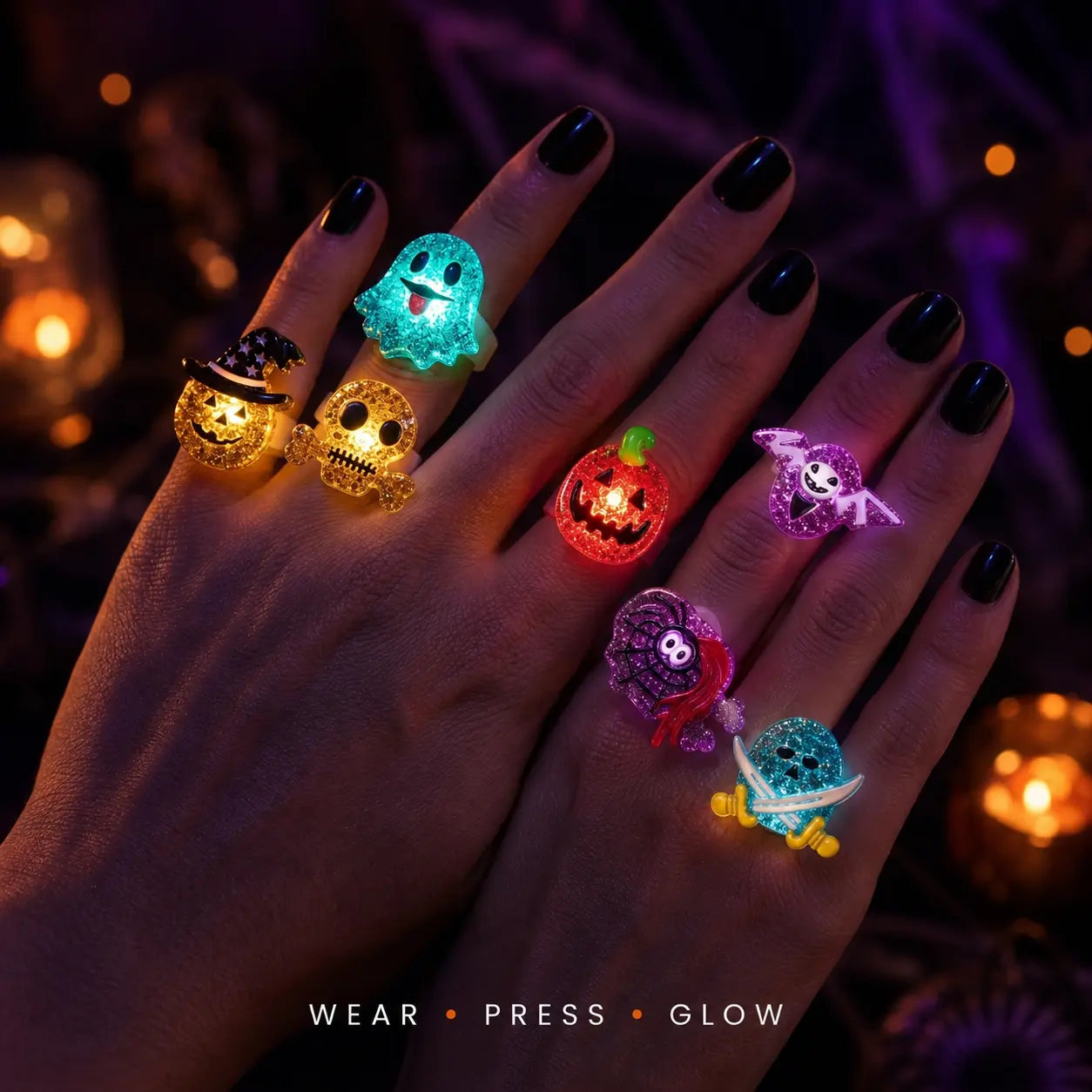 2026 New Spooky Halloween LED Light-Up Flashing Rings (24PCS Assorted), Trick-Or-Treat Gifts, Party Favors & Goodie Bag Prizes