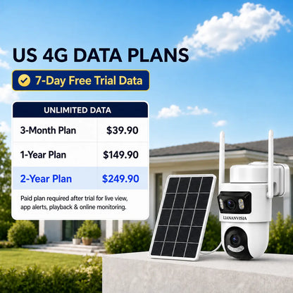 LIANANVISIA 4G LTE Cellular Security Camera - No Wifi, 4G Data Plan Required after 7-Day Free Trial, Built-In SIM Card, Solar-Powered Dual-Lens Outdoor System with Color Night Vision, 360° Pan-Tilt, Remote Viewing, 2-Way Speaker, Local Storage