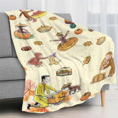 Classic Curious George Fall Harvest Flannel Throw Blanket, Pumpkin-Maple Leaf Cartoon Print, Soft Cozy Sofa Bed Cover, Ideal Thanksgiving Gift for Kids, Multi-Size