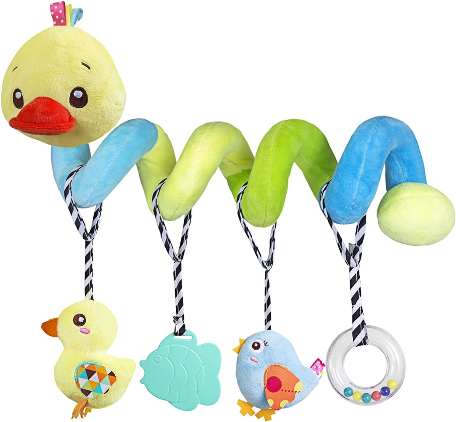 Baby Car Seat Toys, Activity Spiral Hangings Pram Toys, Plush Crib Toys with Squeaky for Boy or Girl, 0 Months up (Duck)