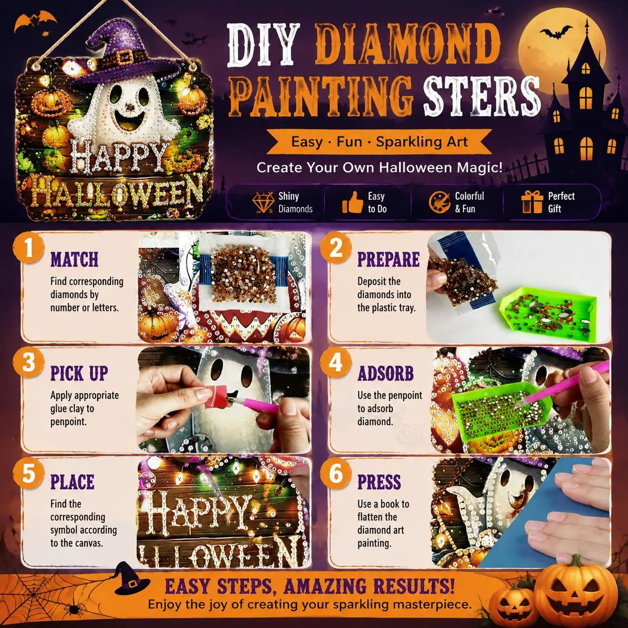 9.8In Halloween Diamond Painting Hanging Suncatcher Kit, Witch‑Black Cat‑Happy Halloween‑Ghost Reading‑Pumpkin Designs, Acrylic DIY Rhinestone Art Ornament, Home Decor Gift for Kids Adults