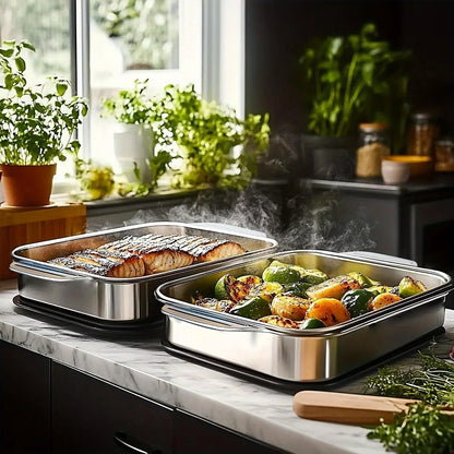 Stainless Steel Durable Bakeware Set - 4Pc Extra Large Nonstick Thick-Bottomed Rectangular Oven-Safe Cake Tins with Lids, Grill-To-Serve for Desserts, Grilling, Mother’S Day Gift