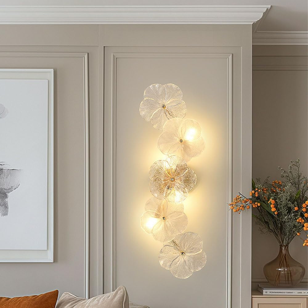 22.4" Flower Shape Glass Wall Lamp, Gold Base Floral Sconce Fixture Prism Wall Sconces with LED Light, Modern Vintage Rustic Lighting Fixture for Bedroom Hallway Bedside Hotel