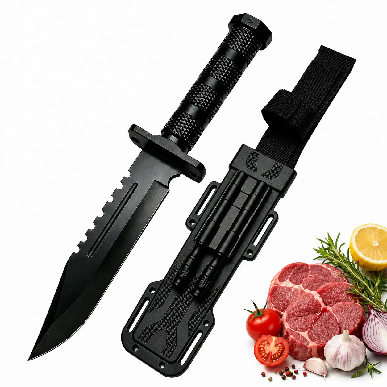 Home Cooking Prep Knife - Matte Black Blade, Textured Handle, Protective Sheath, Built-In Accessory Storage - Kitchen Knives for Ingredient Preparation, Father’S Day, Birthdays, Housewarmings Gifts, Bbq Prep