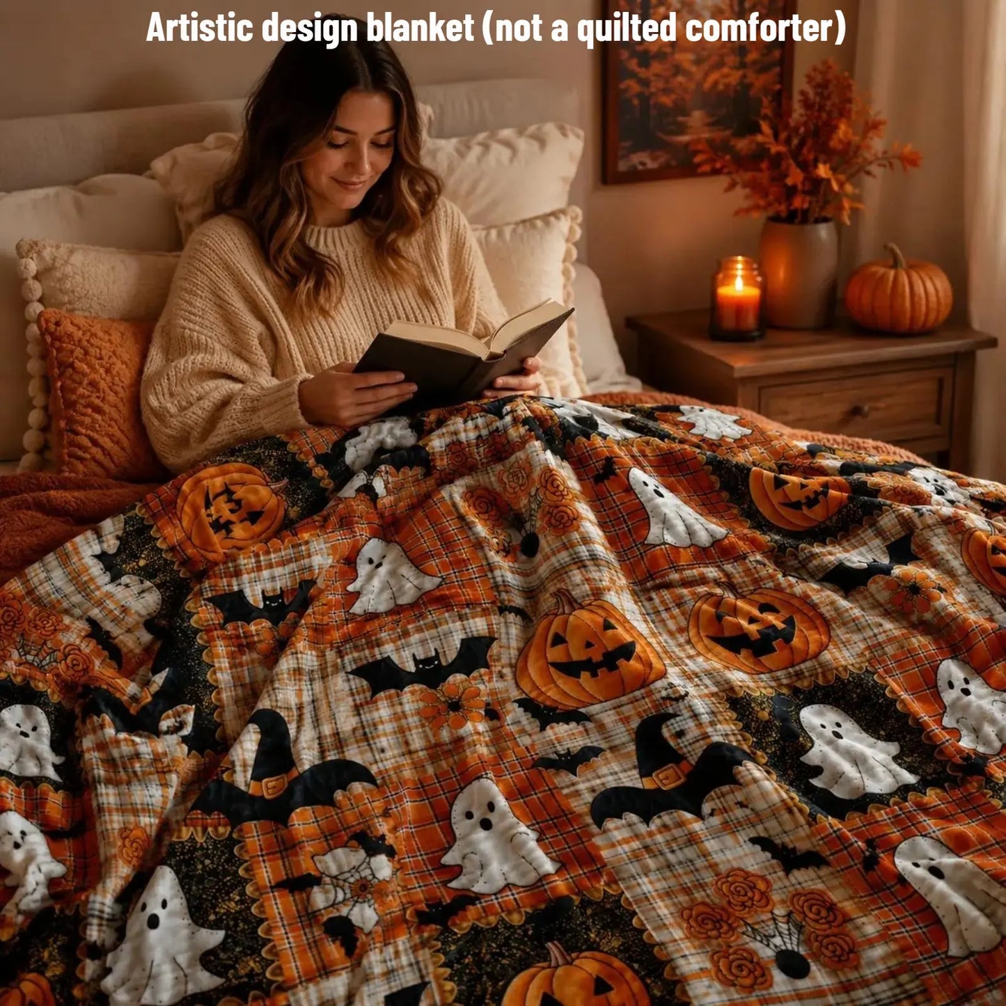 Countdown Sale Halloween Pumpkin Ghost Bat Plaid Patchwork Flannel Blanket Kids and Adults AC Blanket Soft Warm Cozy Throw Blanket Lightweight Sofa Bed Couch Bedroom Living Room Fall Autumn Home Decor Gift Viral Halloween Blanket