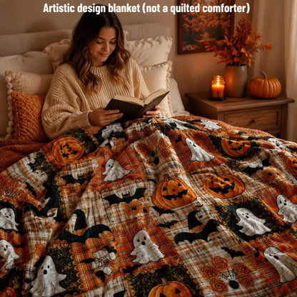 Countdown Sale Halloween Pumpkin Ghost Bat Plaid Patchwork Flannel Blanket Kids and Adults AC Blanket Soft Warm Cozy Throw Blanket Lightweight Sofa Bed Couch Bedroom Living Room Fall Autumn Home Decor Gift Viral Halloween Blanket