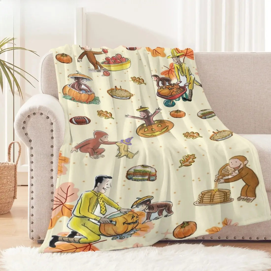 Classic Curious George Fall Harvest Flannel Throw Blanket, Pumpkin-Maple Leaf Cartoon Print, Soft Cozy Sofa Bed Cover, Ideal Thanksgiving Gift for Kids, Multi-Size