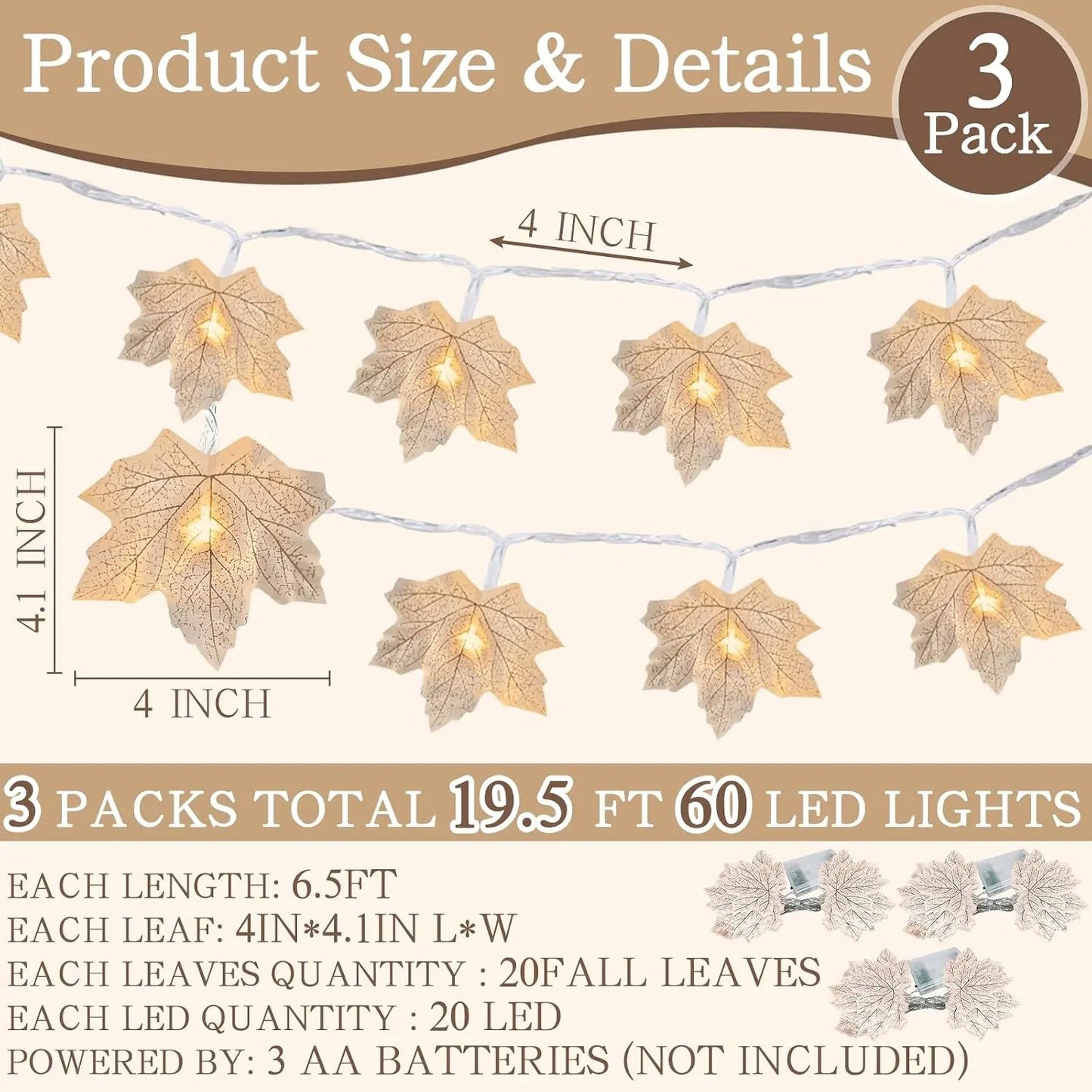 3 Pack Fall Decor - Fall Garland with Lights Fall Decorations for Home, Total 20Ft 60LED Thick Lighted Maples Leafed Autumn Garland Wedding Harvest Fireplace Party Christmas Thanksgiving Decorations