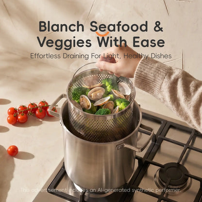 PUCOHOUSE 304 Stainless Steel Deep Stock Pot with Mesh Strainer Basket, Korean Japanese Style Multi-Purpose Asparagus Pot for Spaghetti, Deep Frying Skewers, Blanching Seafood Veggies, All Stovetops Compatible Induction Gas Electric Cookware