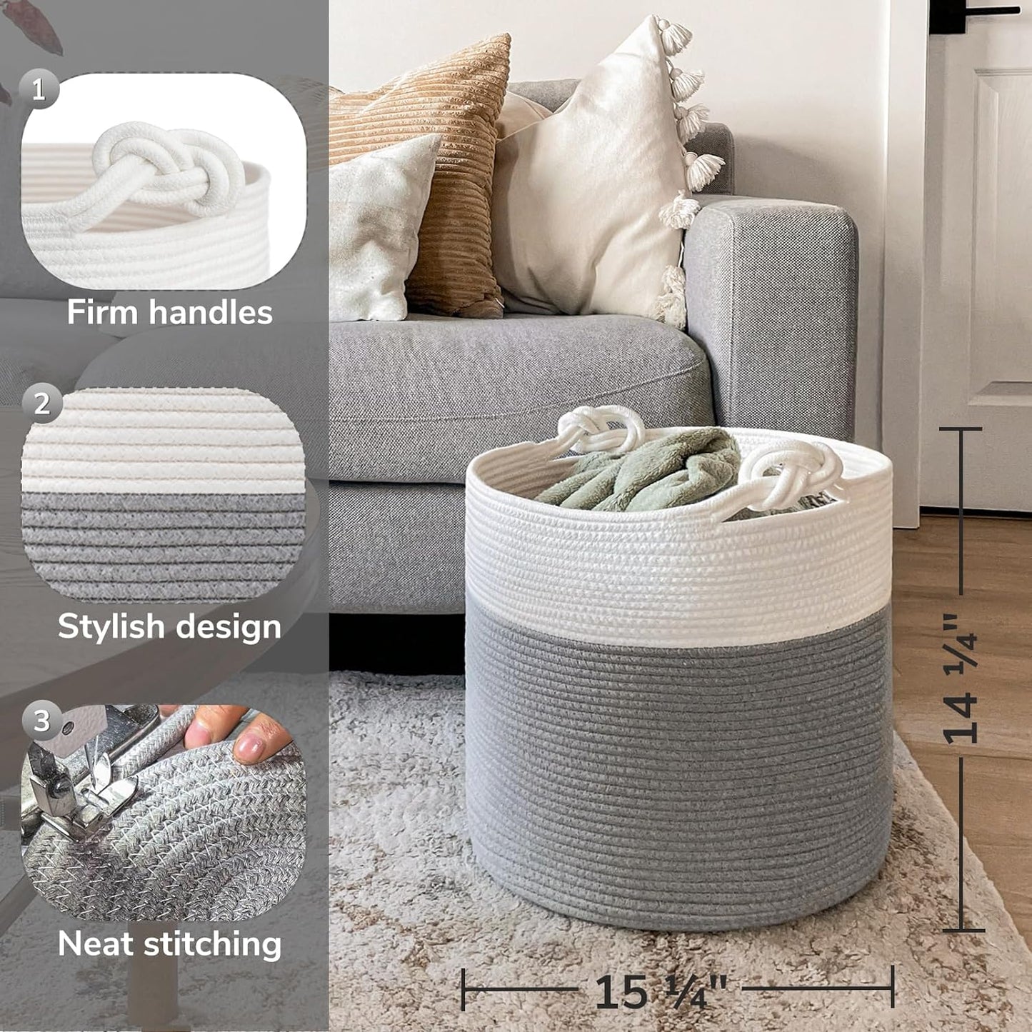Woven Rope Blanket Basket Living Room, 40L, Grey
