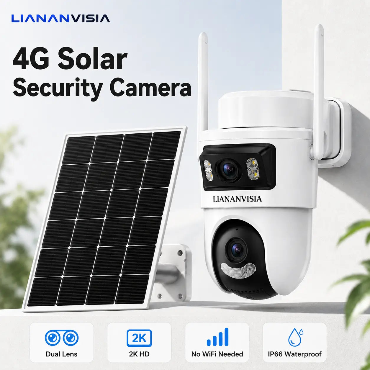 LIANANVISIA 4G LTE Cellular Security Camera - No Wifi, 4G Data Plan Required after 7-Day Free Trial, Built-In SIM Card, Solar-Powered Dual-Lens Outdoor System with Color Night Vision, 360° Pan-Tilt, Remote Viewing, 2-Way Speaker, Local Storage