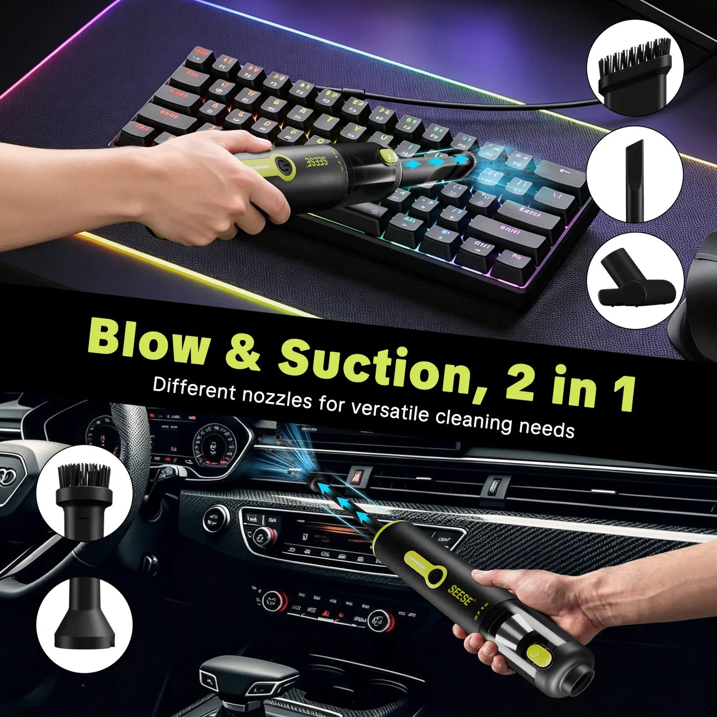 SEESE Car Vacuum Portable Cordless, 20000Pa 2 in 1 Vacuum Cleaner&Air Duster, 100W Brushless Motor Handheld Vacuum Cordless with 6000Mah Battery, Multi-Nozzles for Car, Home, Office, Pet Backtoschool