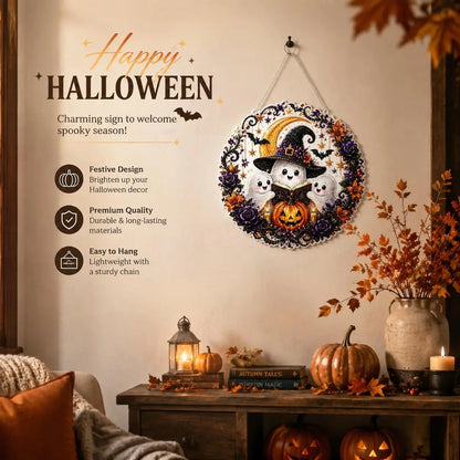 9.8In Halloween Diamond Painting Hanging Suncatcher Kit, Witch‑Black Cat‑Happy Halloween‑Ghost Reading‑Pumpkin Designs, Acrylic DIY Rhinestone Art Ornament, Home Decor Gift for Kids Adults