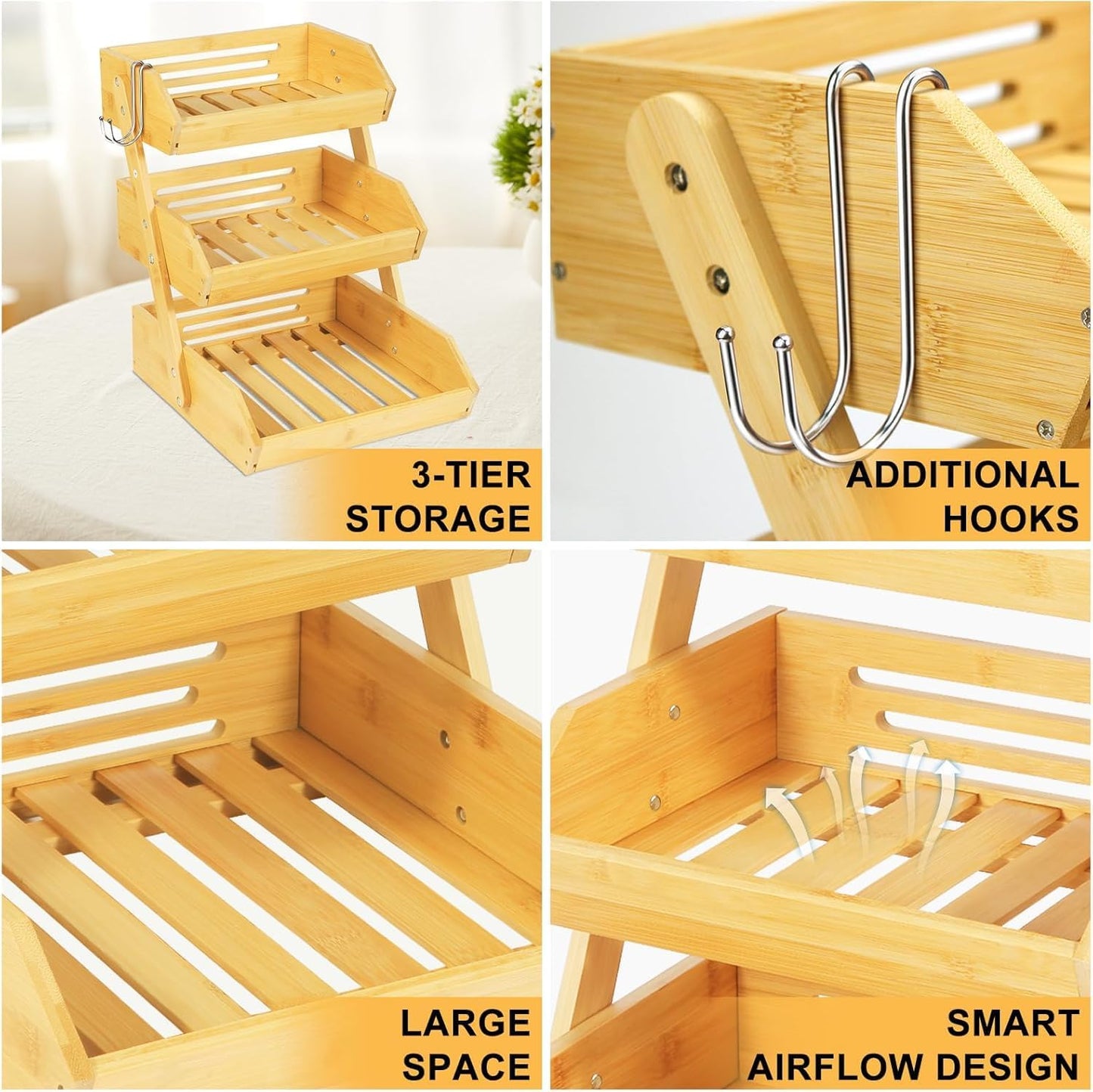 Natural Bamboo Fruit Basket 3 Tier for Kitchen Countertop Counter Top