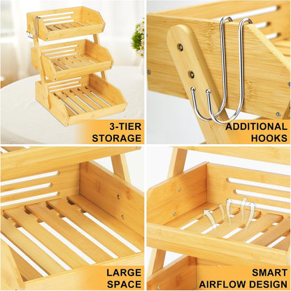 Natural Bamboo Fruit Basket 3 Tier for Kitchen Countertop Counter Top