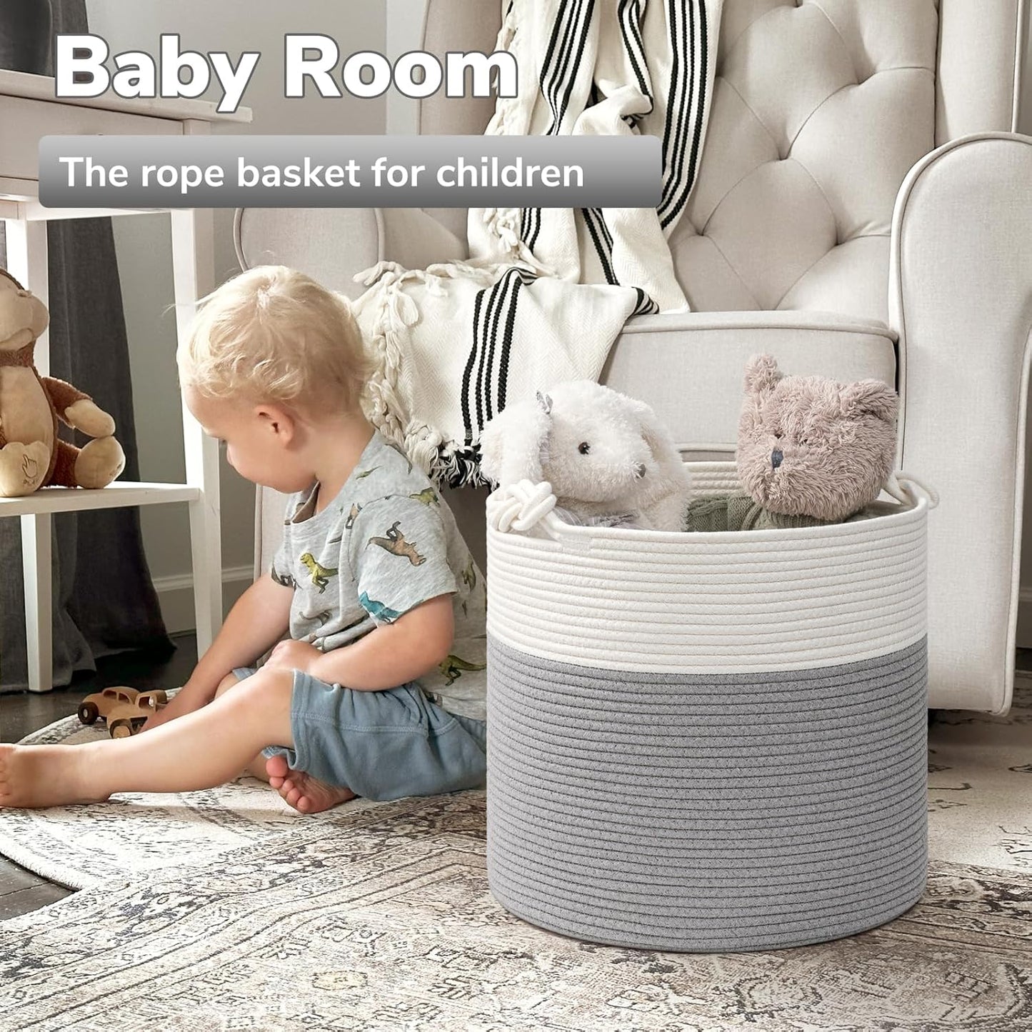 Woven Rope Blanket Basket Living Room, 40L, Grey