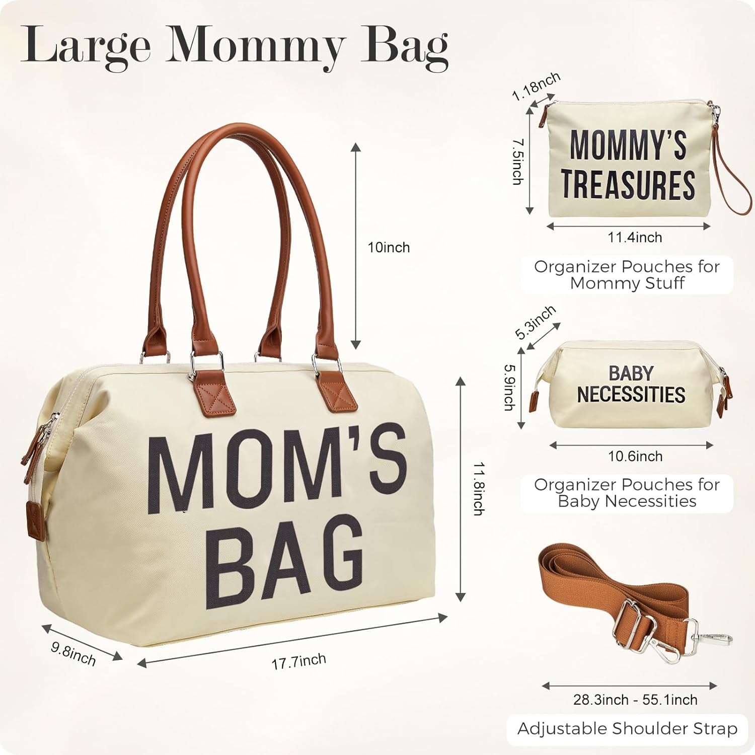Mommy Diaper Bag Tote with 2 Organizer Pouches, Spacious 17.7In Mom’S Bag for Hospital and Weekender Travel, Creamy White