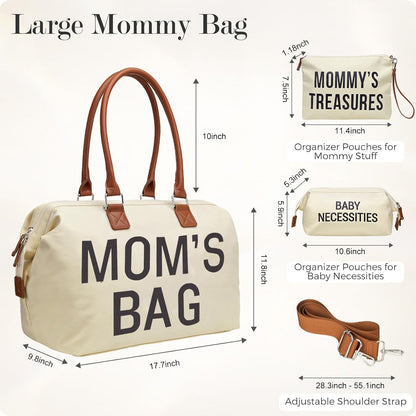Mommy Diaper Bag Tote with 2 Organizer Pouches, Spacious 17.7In Mom’S Bag for Hospital and Weekender Travel, Creamy White