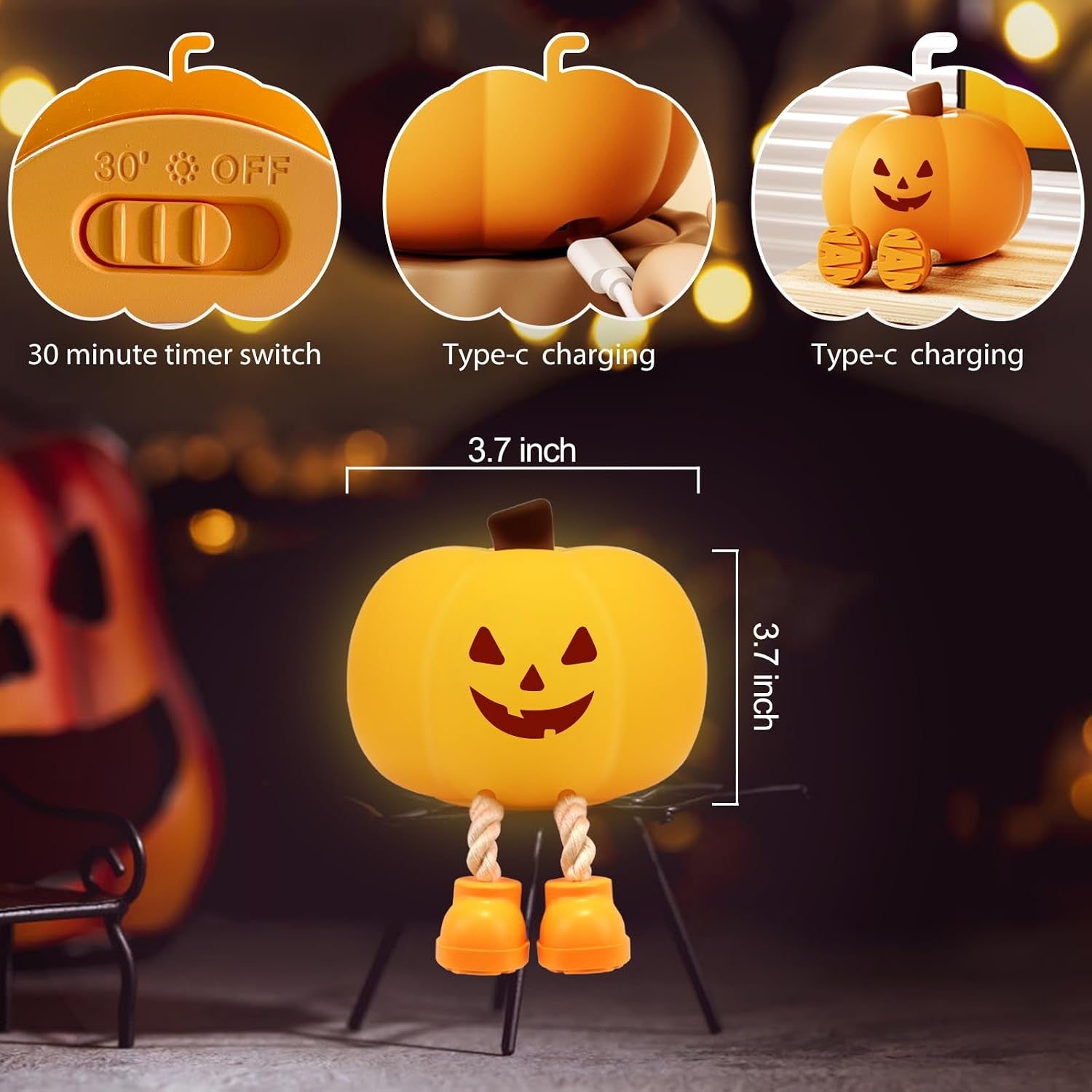 Cute Halloween Pumpkin Night Light Rechargeable for Nursery Bedroom
